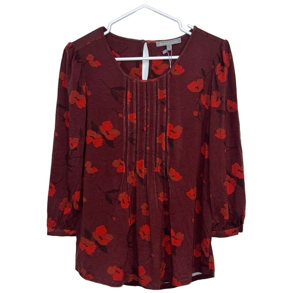 Daniel Rainn Burgundy Floral Sheer Sleeve Pintuck Blouse Small NWT
